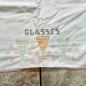 Vintage Embroidered Tea Towel Glasses Floral Design Pink Scallop Edge Kitchen